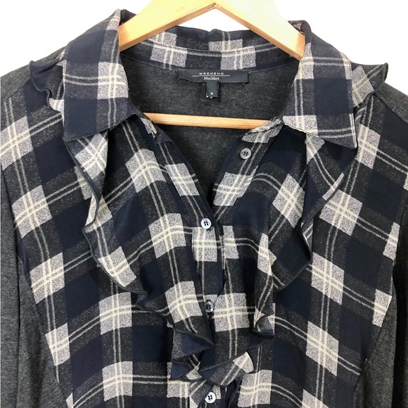 MaxMara Weekend Ruffle Plaid Silk and Knit Button Down Shirt Gray and Navy - Picture 4 of 8